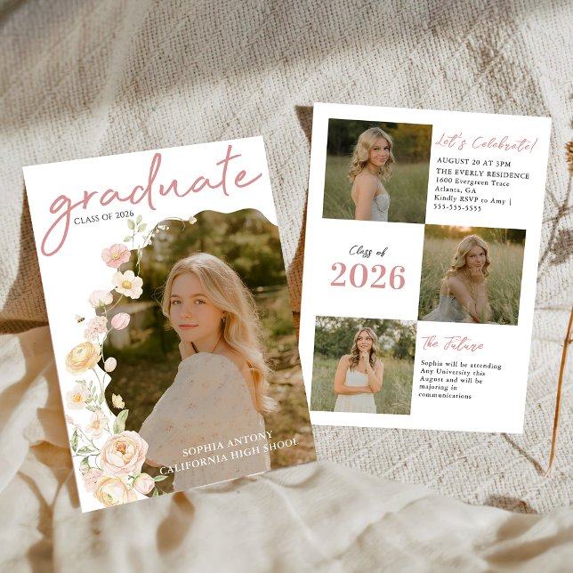 Convite Modern Photo Floral Graduation Party Invitation (Criador carregado)