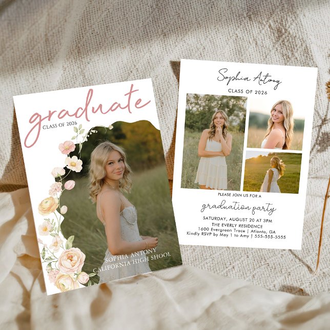 Convite Modern Photo Floral Graduation Party Invitation (Criador carregado)