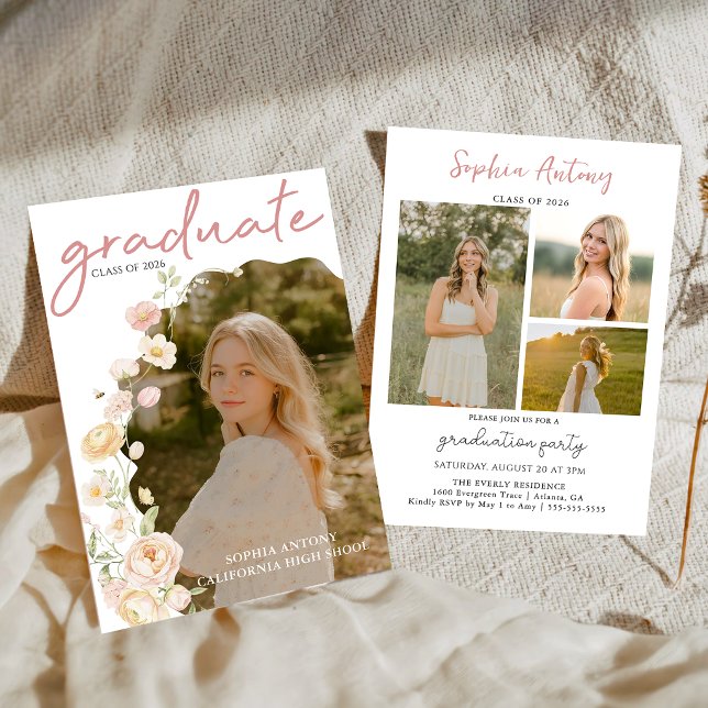 Convite Modern Photo Floral Graduation Party Invitation (Criador carregado)