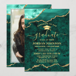 Convite Modern Photo Golden Green Marble Graduation Party
