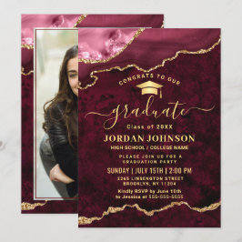 Convite Modern PHOTO Golden Red Marble Graduation Party