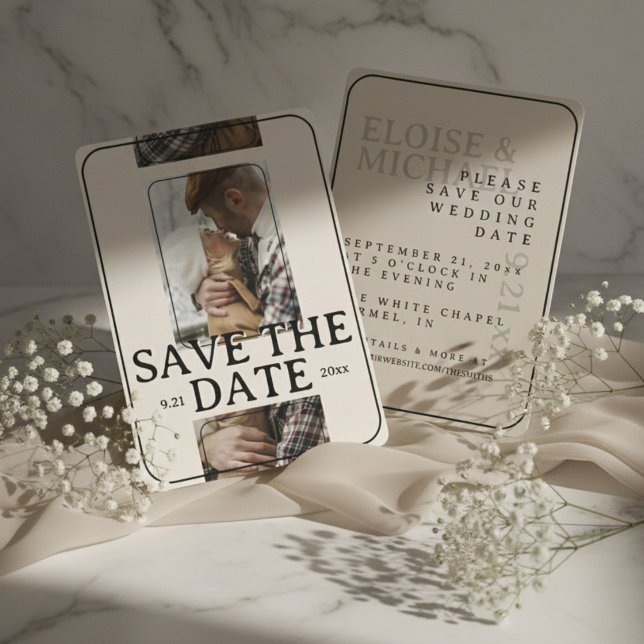 Convite Modern Photo Grid with Bold Serif Save the Date (Announce your wedding date with style using this Modern Save the Date Card!)