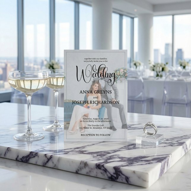 Convite Modern Photo Overlay Black Calligraphy Wedding  (Criador carregado)