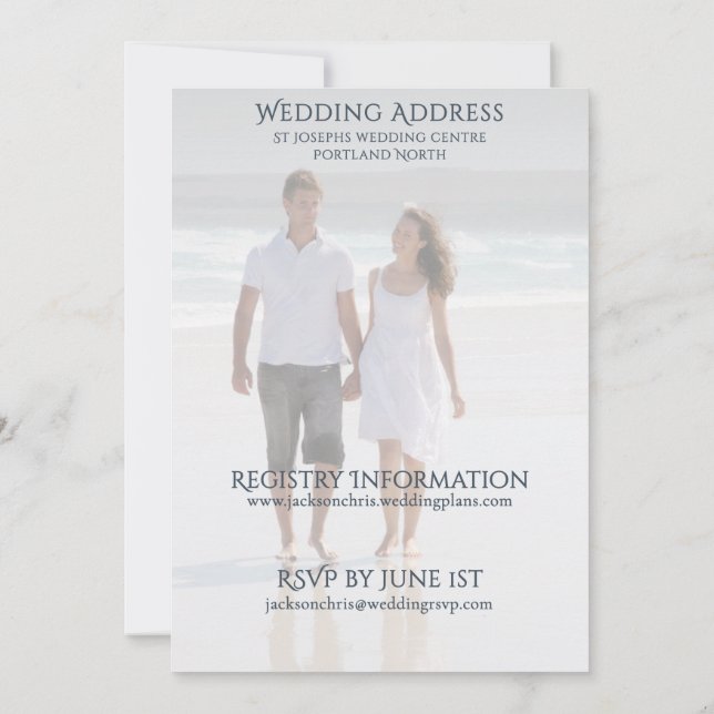 Convite Modern Photo Serif Typography Beach Wedding (Verso)