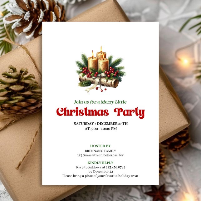 Convite Modern Pine Wreath Candles Holiday Invitation Card (Modern Pine Wreath Candles Holiday Invitation Card)