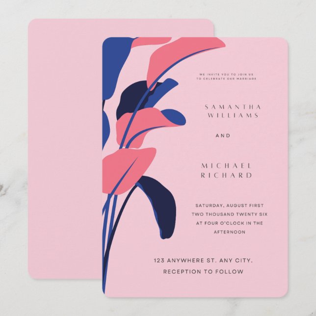 Convite Modern Pink and Navy Tropical Leaf Wedding Invitat (Frente/Verso)