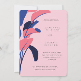 Convite Modern Pink and Navy Tropical Leaf Wedding Invitat