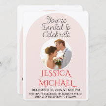 Modern Pink Arch Wedding Photo Invite with QR Code