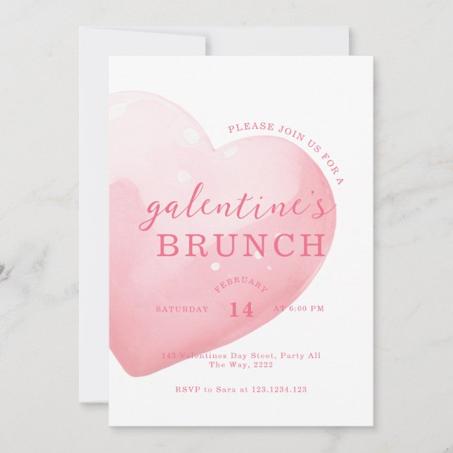 Convite Modern Pink Big Heart Galentine's Day Brunch (Frente)
