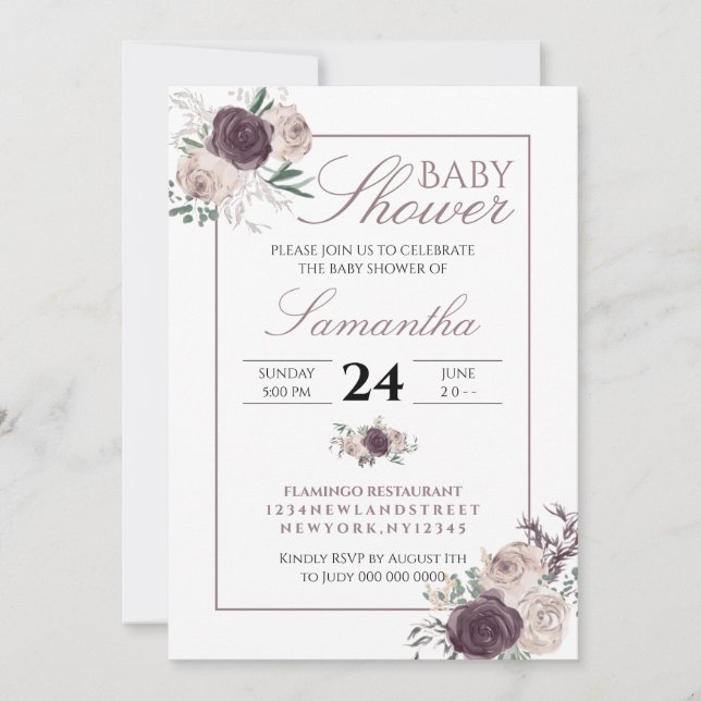Convite Modern Pink Blush Elegant Floral baby shower (Frente)