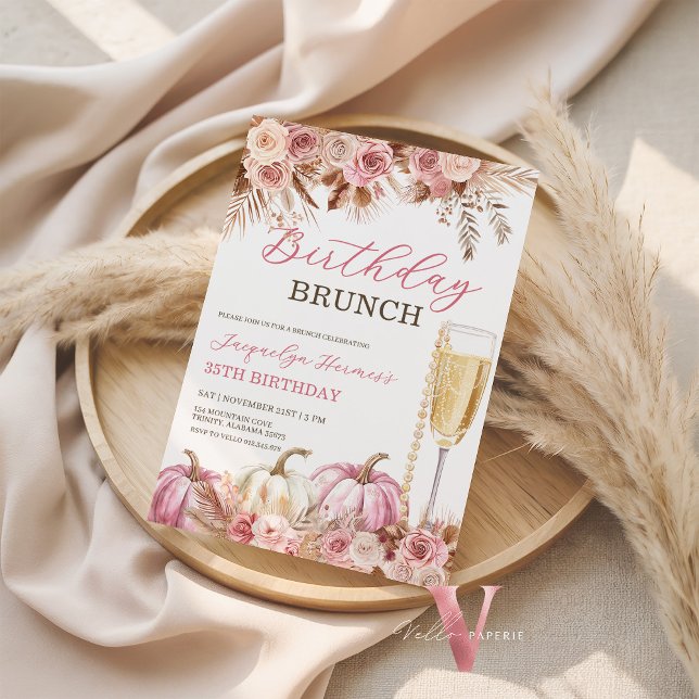 Convite Modern Pink Boho Pumpkin Autumn Birthday Brunch  (Criador carregado)