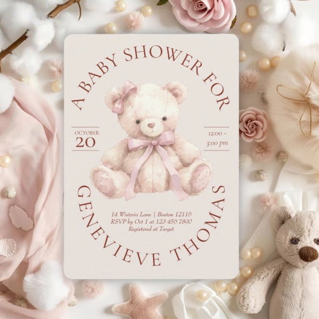 Convite Modern Pink Bow Teddy Bear Baby Shower Invitation (Criador carregado)