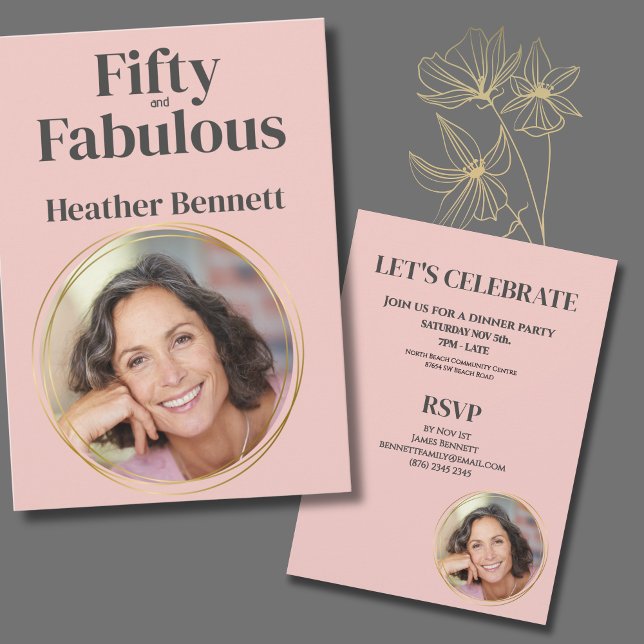 Convite Modern Pink Fifty and Fabulous Photo Birthday (Criador carregado)