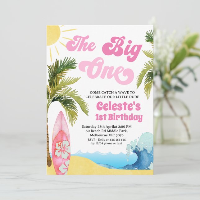 Convite Modern Pink Girls Surf Wave Big One 1st Birthday  (Em pé/Frente)