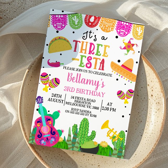 Convite Modern Pink Girls Three-esta Fiesta aniversário de (Girls Three-esta 3rd Birthday Invitation, Fiesta 3rd Birthday Invitation, Cactus, Mexican fiesta,)