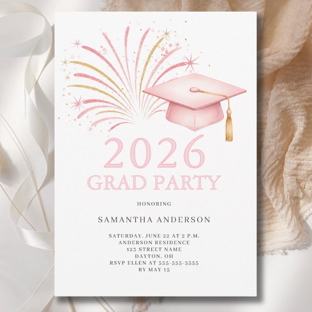 Convite Modern Pink Gold 2026 Grad Party  (Criador carregado)