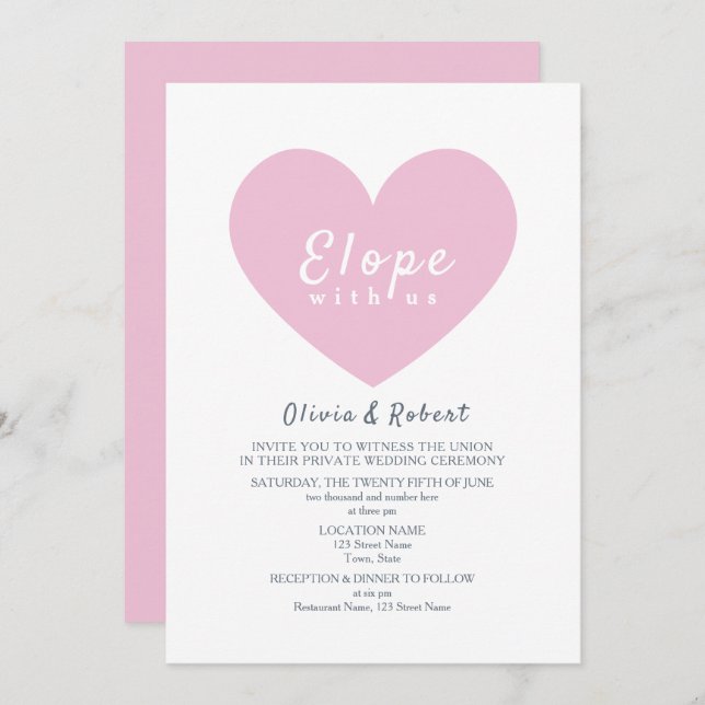 Convite Modern Pink Heart Elopement Wedding (Frente/Verso)