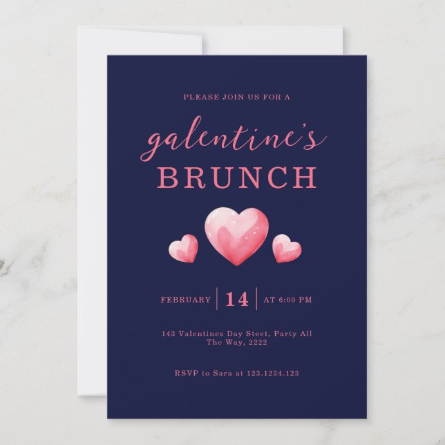 Convite Modern Pink Hearts Galentine's Day Brunch (Frente)