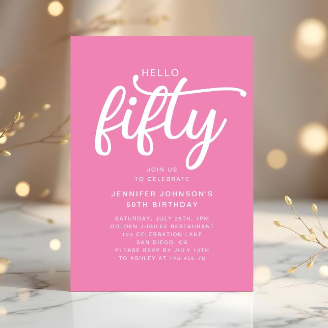Convite Modern Pink Hello 50th Birthday (Modern Pink Hello 50th Birthday Invitation)