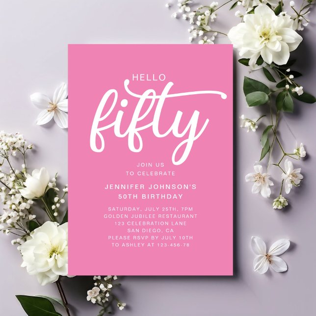Convite Modern Pink Hello 50th Birthday (Modern Pink Hello 50th Birthday Invitation)