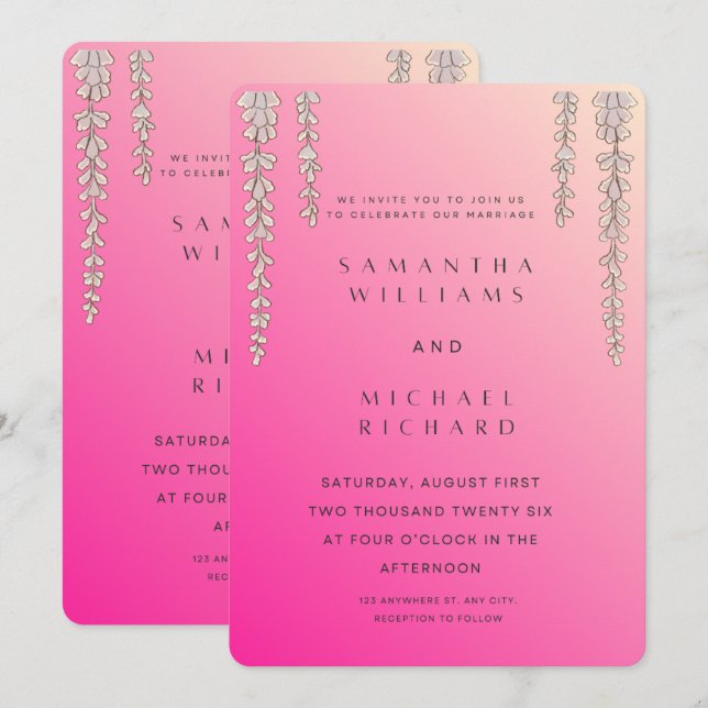 Convite Modern Pink Ombre Wisteria Wedding Invitation - Cu (Frente/Verso)