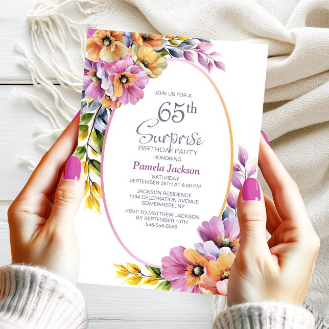 Convite Modern Pink Orange Floral Surpresa 65º aniversário (Criador carregado)