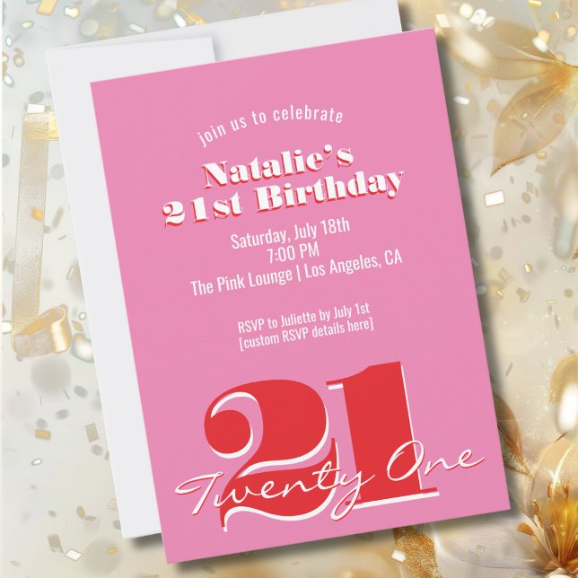 Convite Modern Pink Red Minimalist 21st Birthday (Criador carregado)