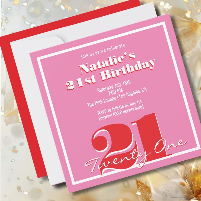 Convite Modern Pink Red Retro 21st Birthday Square (Criador carregado)
