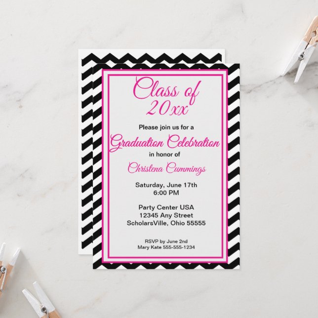 Convite Modern Pink Script with Chevron Border Graduation (Frente/Verso In Situ)
