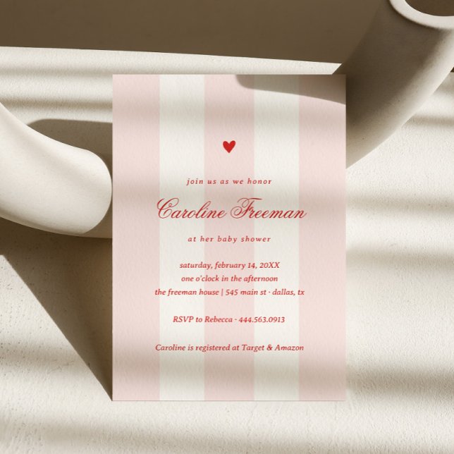 Convite Modern Pink Stripe Heart Valentine Baby Shower (Criador carregado)