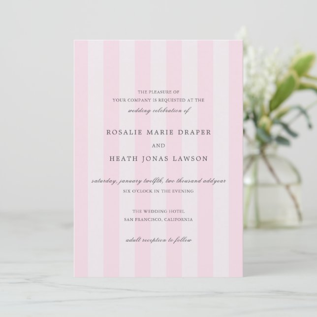 Convite Modern Pink Stripes Elegant Wedding (Em pé/Frente)
