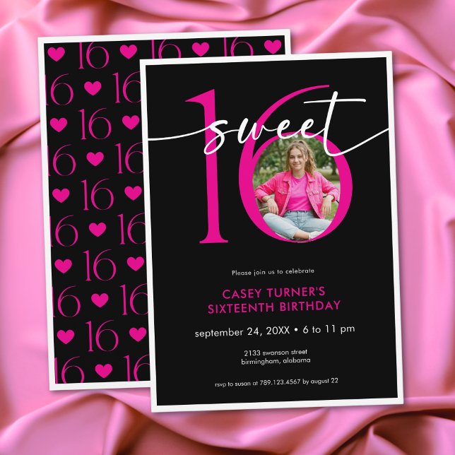 Convite Modern Pink Sweet Sixteen Script Photo Birthday (Modern Pink Sweet Sixteen Script Photo Birthday Invitation)