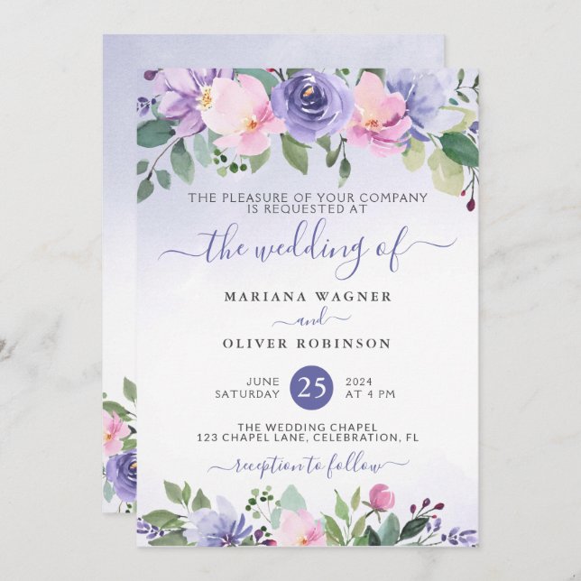 Convite Modern Pink Watercolor Floral Wedding (Frente/Verso)