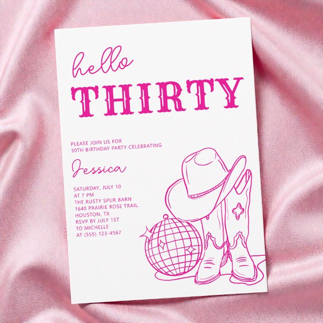 Convite Modern Pink Western Disco 30th Birthday Party (Modern Pink Western Disco 30th Birthday Party Invitation)