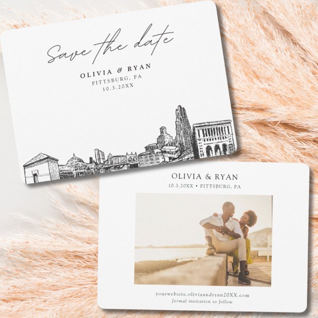 Convite Modern Pittsburgh Casando Salve a Data (Pittsburg wedding save the date with engagement photo)