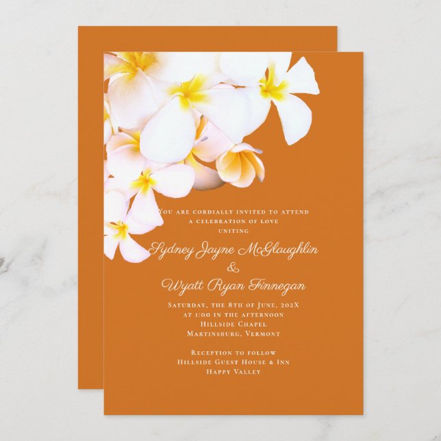 Convite Modern Plumeria Hawaiian Flowers Orange Wedding (Frente/Verso)