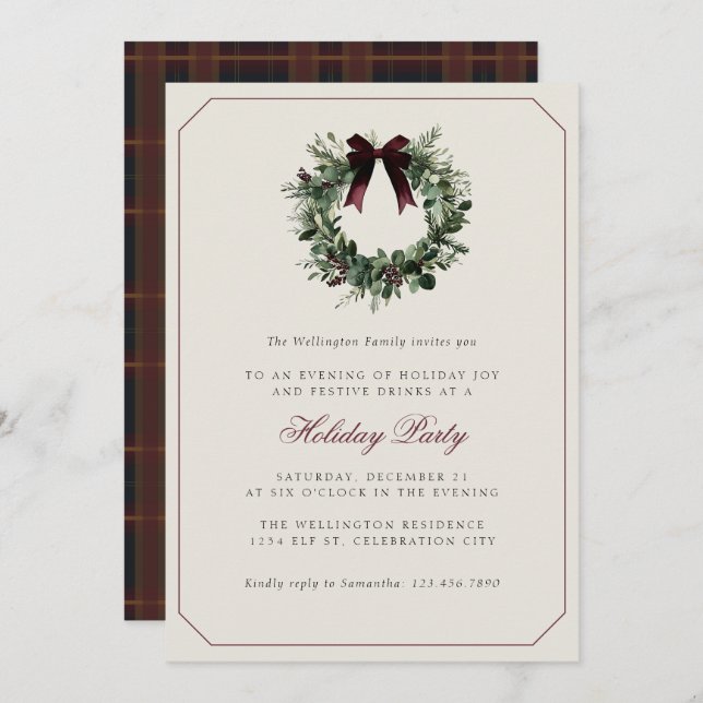 Convite Modern Preppy Plaid Wreath Christmas Party (Frente/Verso)
