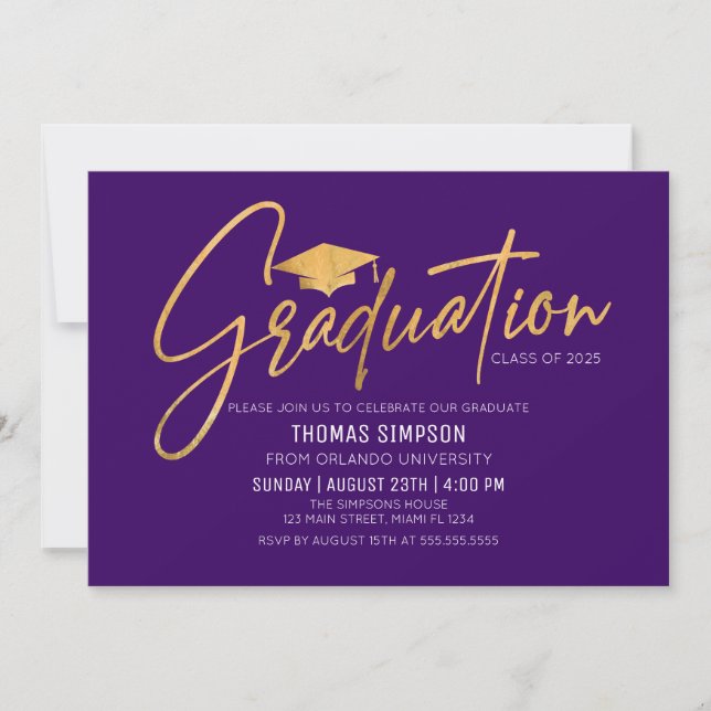 Convite Modern purple and gold Graduation Invitation (Frente)