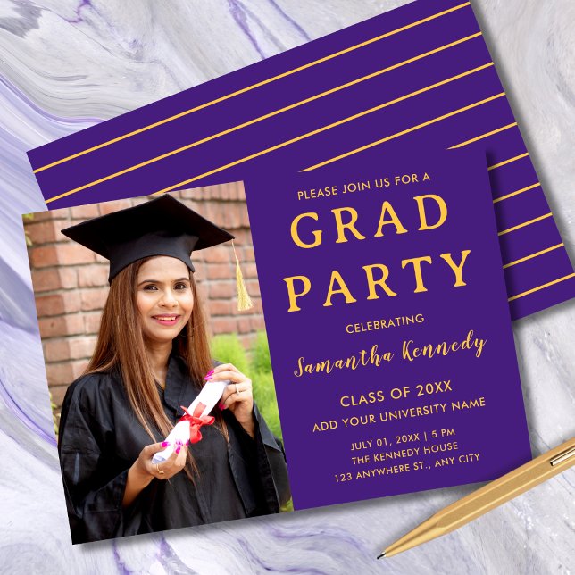 Convite Modern Purple And Gold Photo Graduation 2026 Party (Criador carregado)