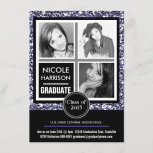 Convite Modern Purple Faux Glitter 3 Graduação de Fotos