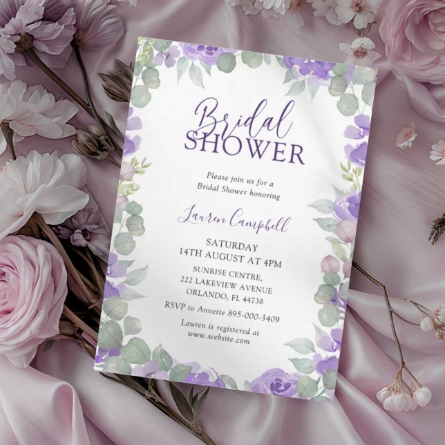 Convite Modern Purple Floral Watercolor Bridal Shower (Criador carregado)