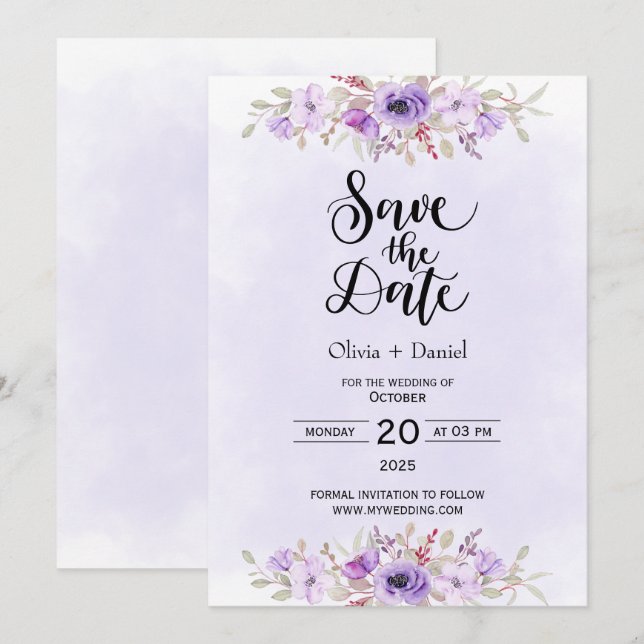 Convite Modern Purple Floral Wedding Save the Date (Frente/Verso)
