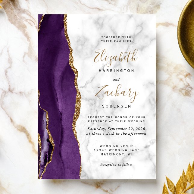Convite Modern Purple Gold Agate Marble Wedding (The perfect choice for a purple and gold themed wedding.)