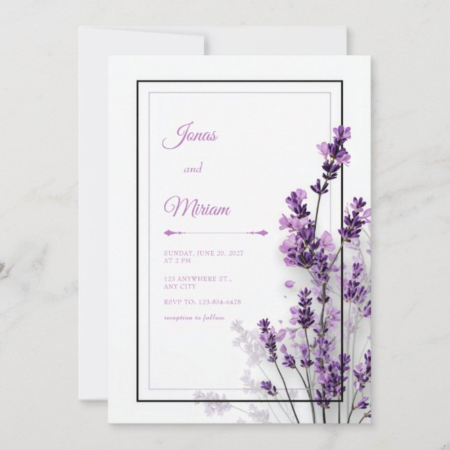 Convite Modern Purple Lavender Black Purple Frame Wedding (Frente)