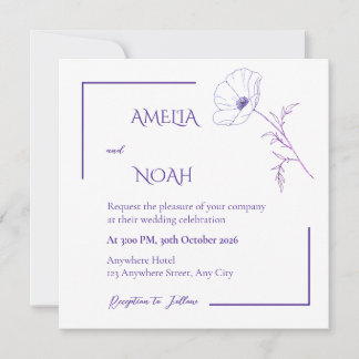 Convite Modern Purple Line Art Floral Wedding Invitation