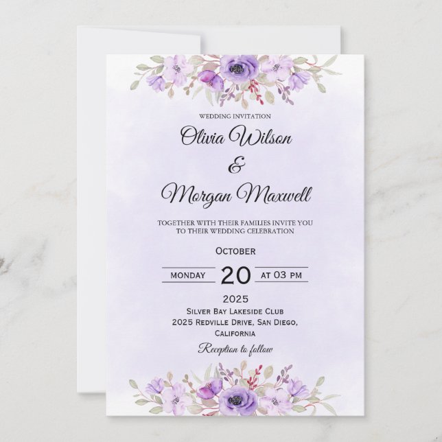 Convite Modern Purple Minimalist Floral Wedding Invitation (Frente)