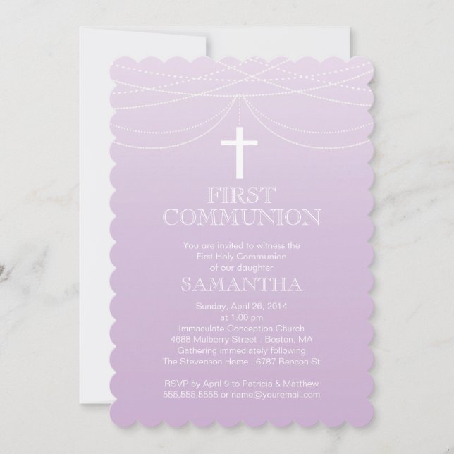 Convite Modern Purple Ombre Garland Cross Communtion (Frente)