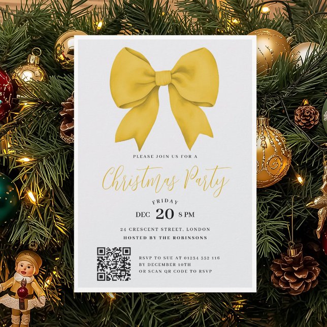 Convite Modern QR Gold Holiday Bow Christmas Party (Modern QR Gold Holiday Bow Christmas Party Invitation)