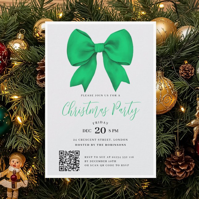 Convite Modern QR Green Holiday Bow Christmas Party (Criador carregado)