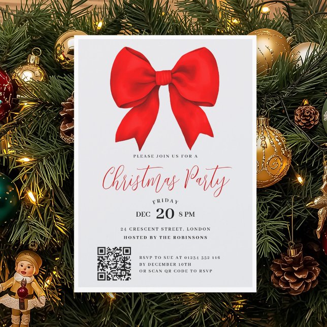 Convite Modern QR Red Holiday Bow Christmas Party (Modern QR Red Holiday Bow Christmas Party Invitation)